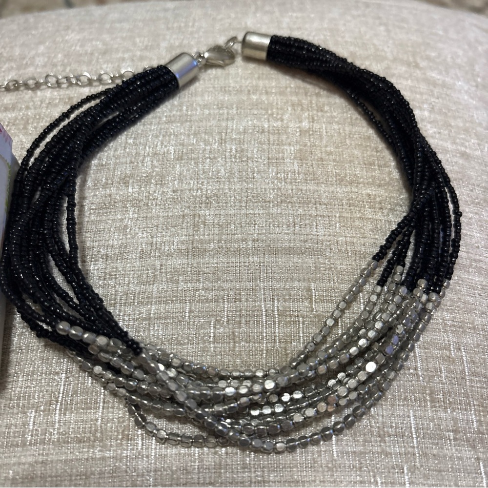 Multi-Strand Black and Silver Beaded Necklace by